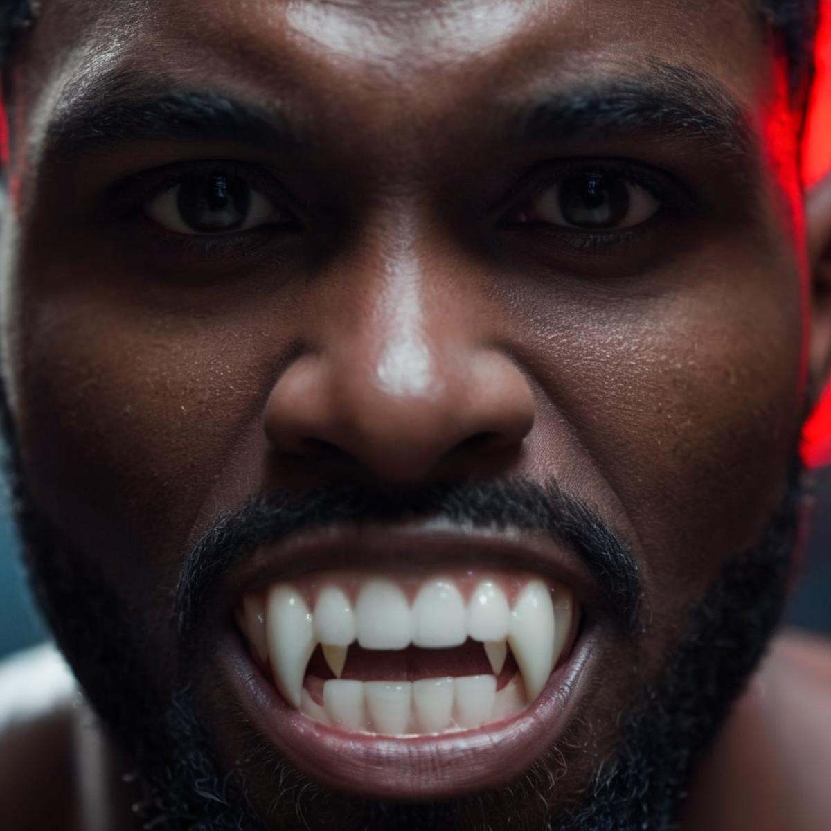 cinematic film still of A black man with a demon face Vampire Fangs Teeth staring at camera,  shallow depth of field,  vig...