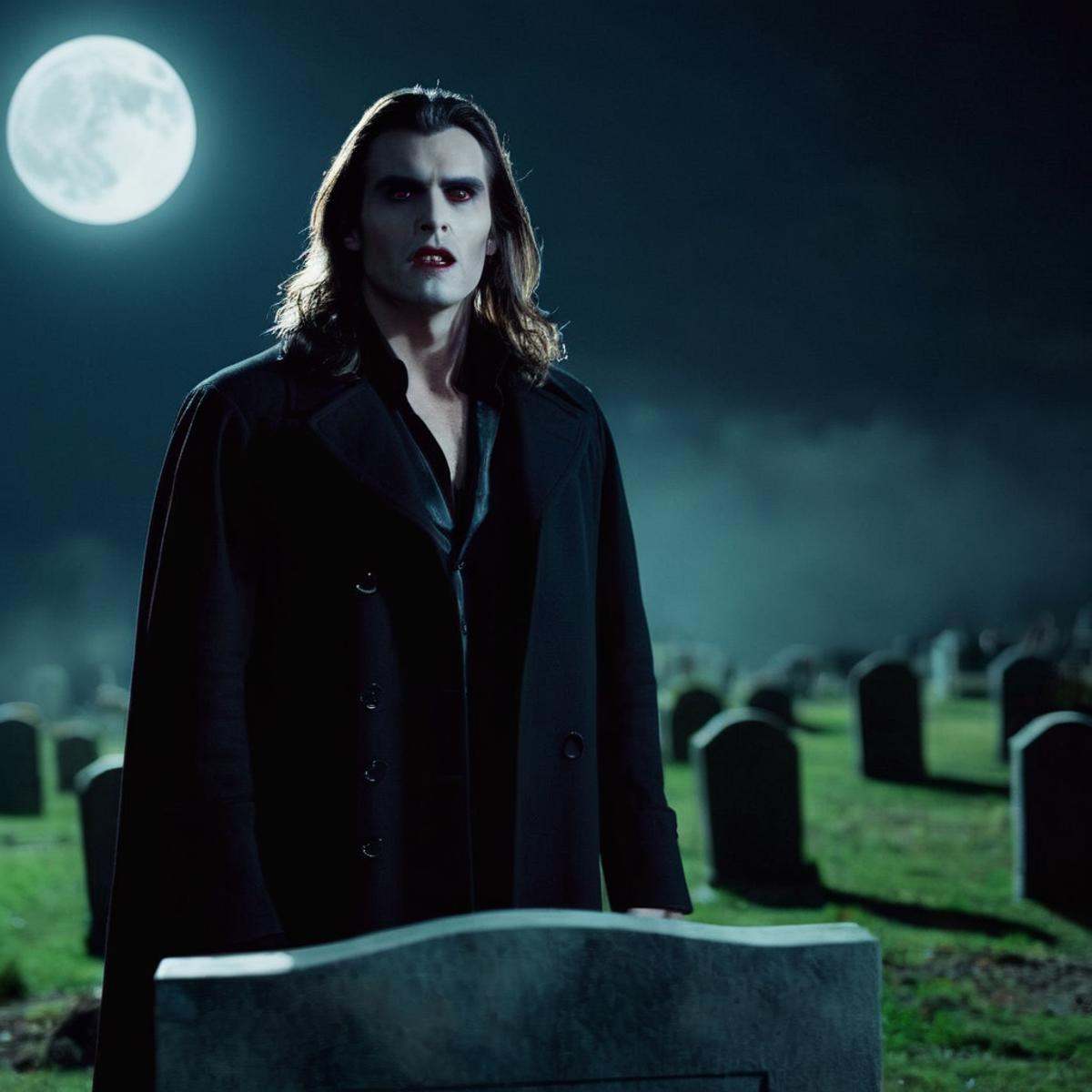 cinematic film still of A man in grave yard outdoors at night with long hair and a black coat and Vampire Fangs Teeth star...
