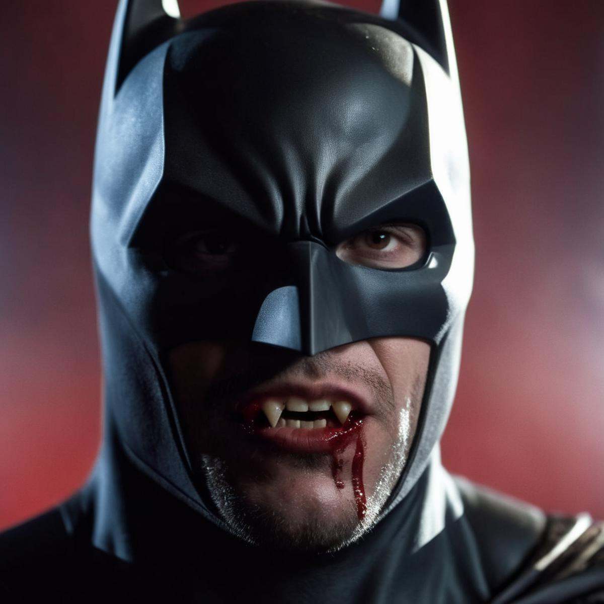 cinematic film still of A batman masked with blood on mouth and Vampire Fangs Teeth staring at camera,  shallow depth of f...