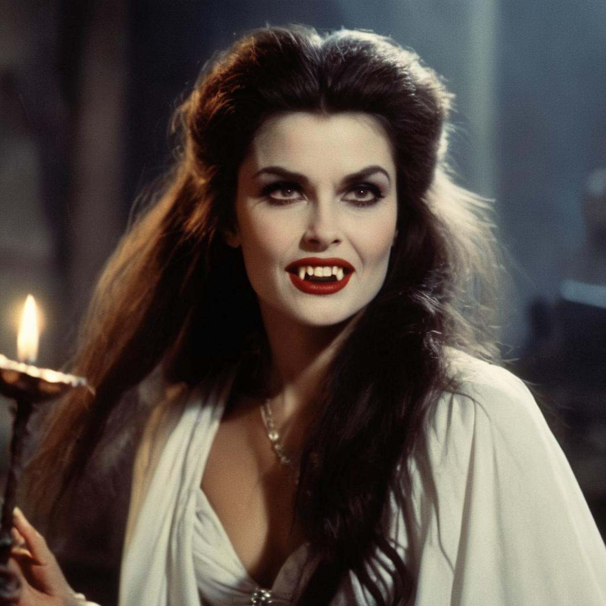 cinematic film still of frank frazetta painting of a Female Vampire a drawing of a messy hair woman with long hair and Vam...