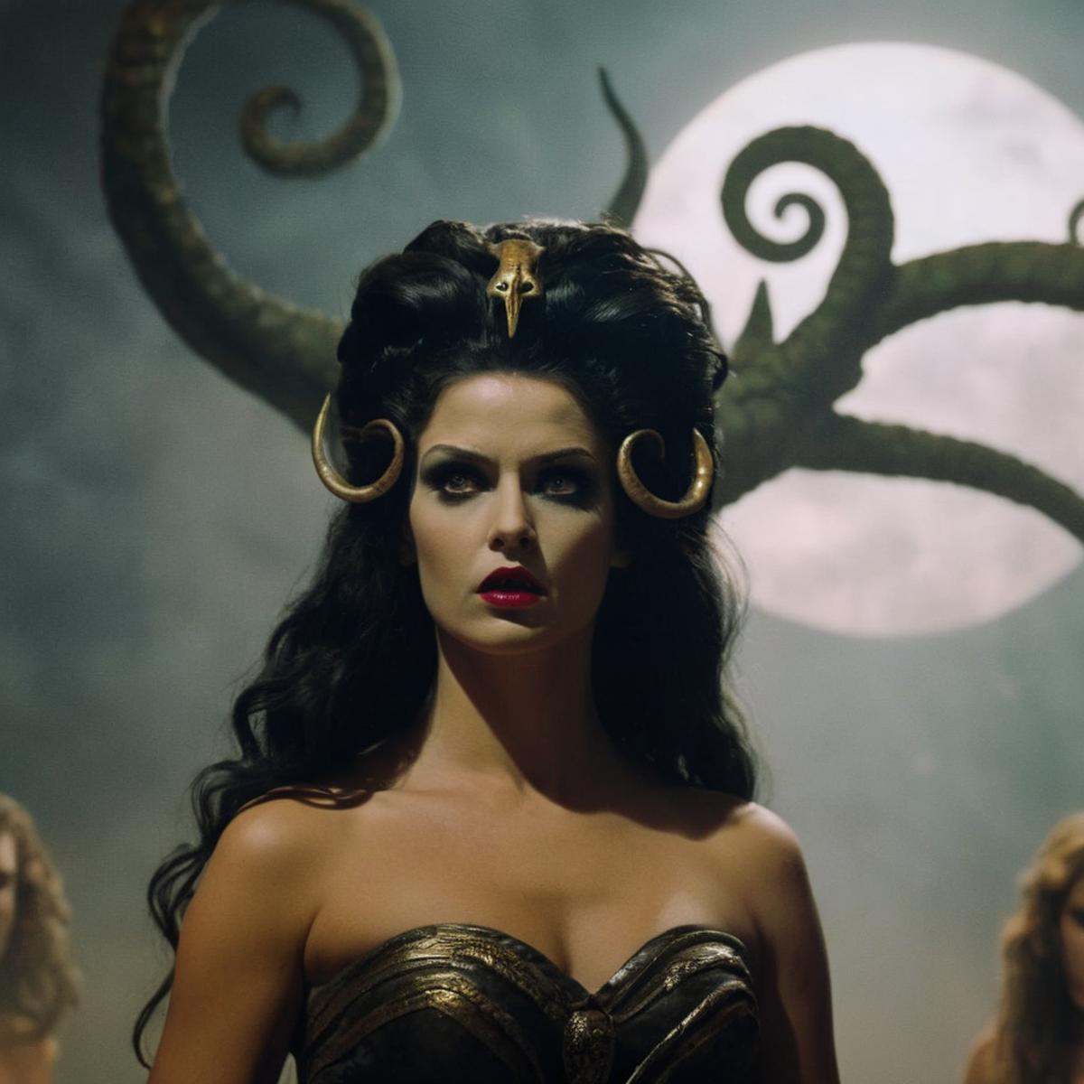 cinematic film still of Gorgons in Greek mythology frank frazetta painting of very attractive medusa a Female Vampire a wo...