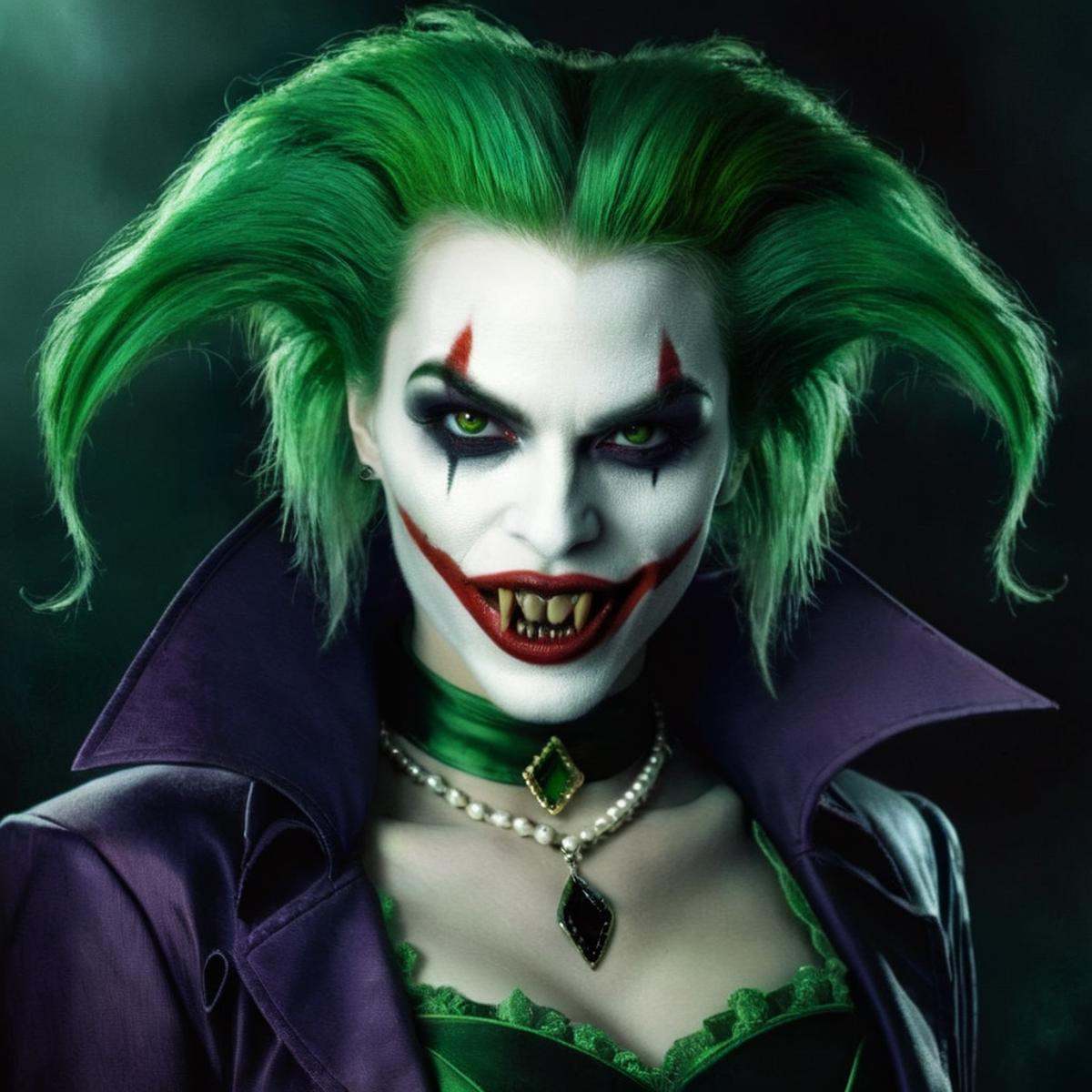 Dark Fantasy Art of Female Vampire a woman dressed as a joker with green hair Vampire Fangs Teeth,  dark,  moody on Tensor...