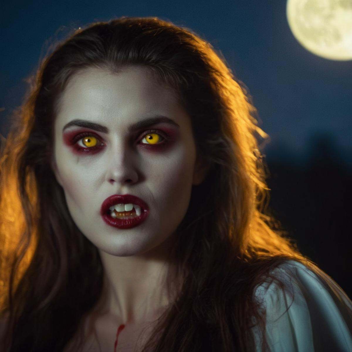cinematic film still of 1980's Female Vampire a woman with blood on her face and a bloody face and Vampire Fangs Teeth and...