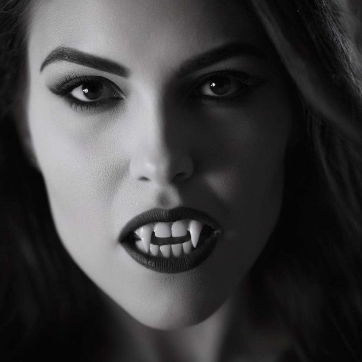 cinematic film still of Female Vampire a closeup of a hot black and white woman with a Vampire Fangs Teeth staring at came...