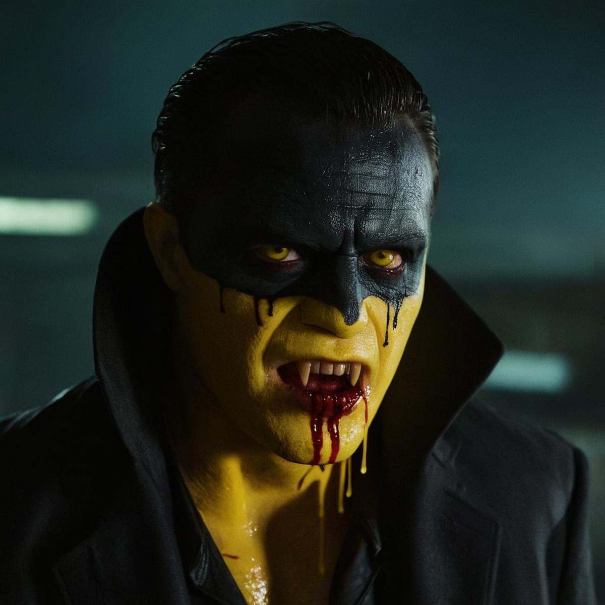 cinematic film still of Dark Fantasy Art of a yellow monster named the Yellow Bastard with a yellow blood dripping from hi...