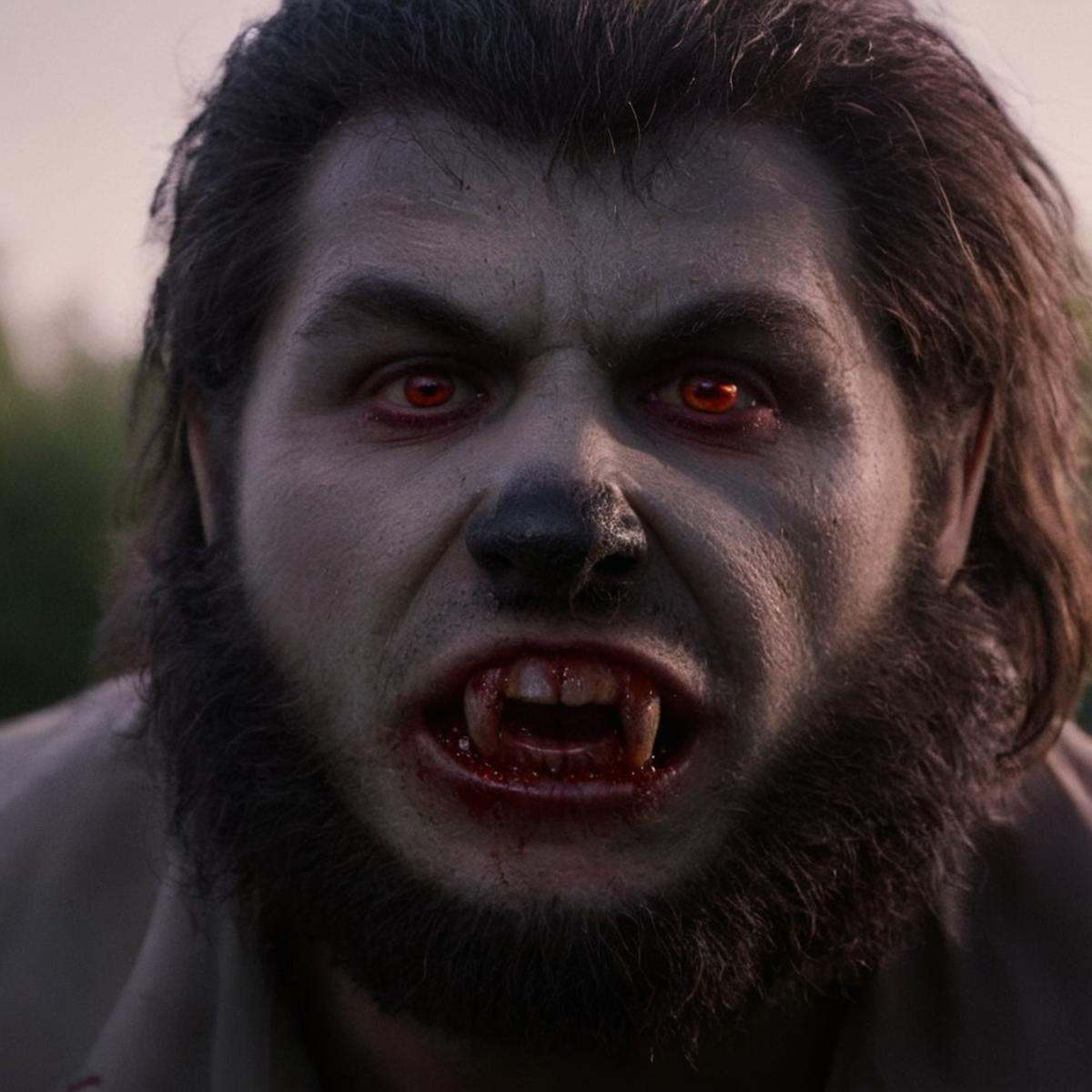 cinematic film still of cinematic film still of a close up of a werewolf with a bloody face staring at cameraWerewolf Styl...