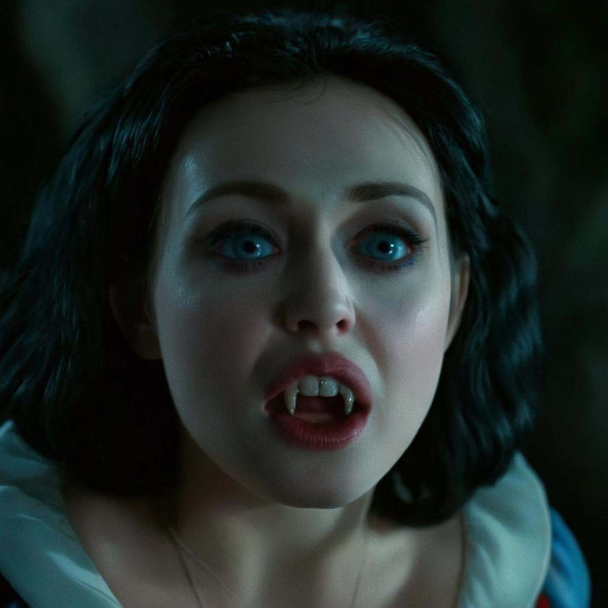cinematic film still of Snow White a closeup horny woman with a vampire teeth and a surprised look on her face In 1500s 15...