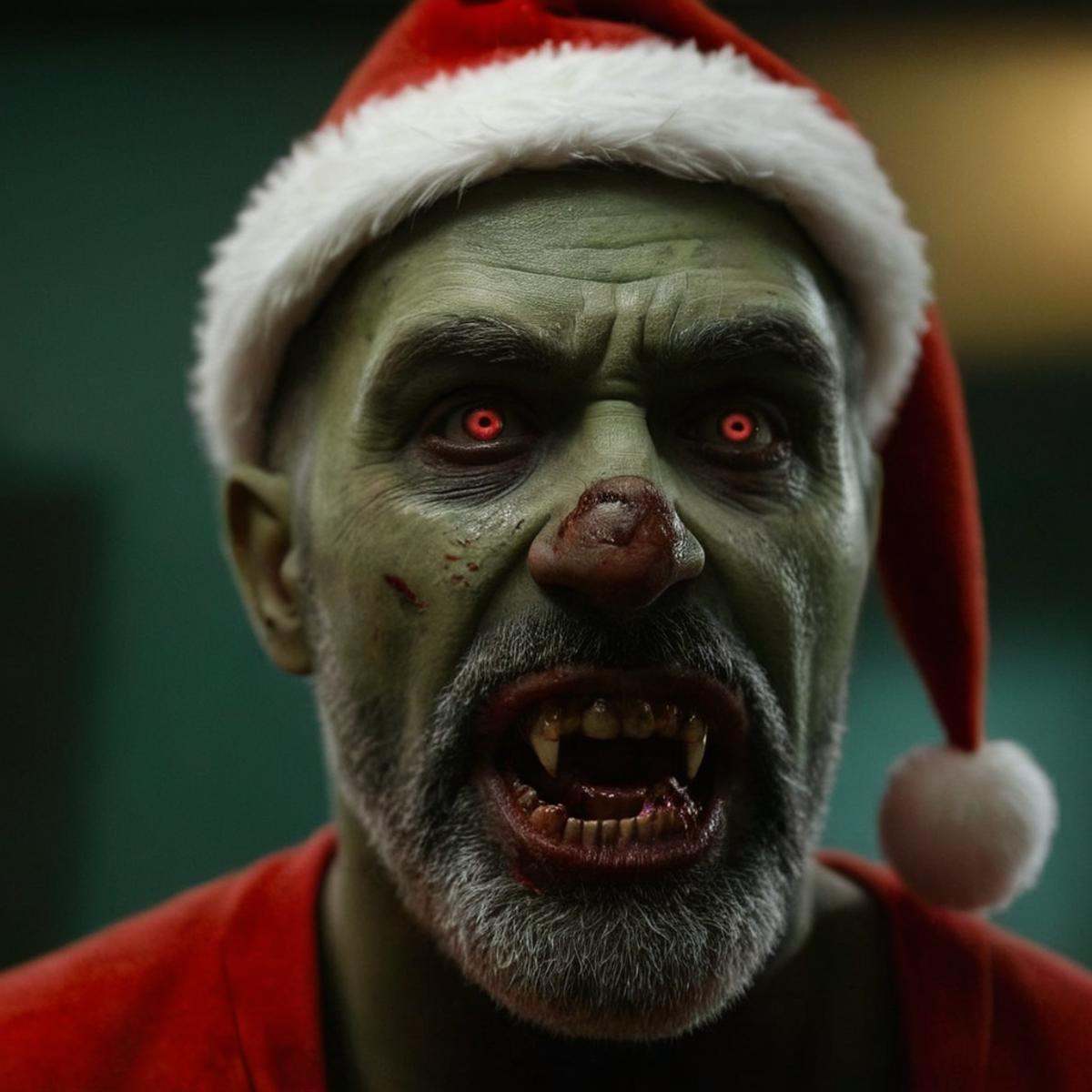 cinematic film still of cinematic film still of Hyperrealistic art of Santa Claus a close up of a zombie troll person wear...