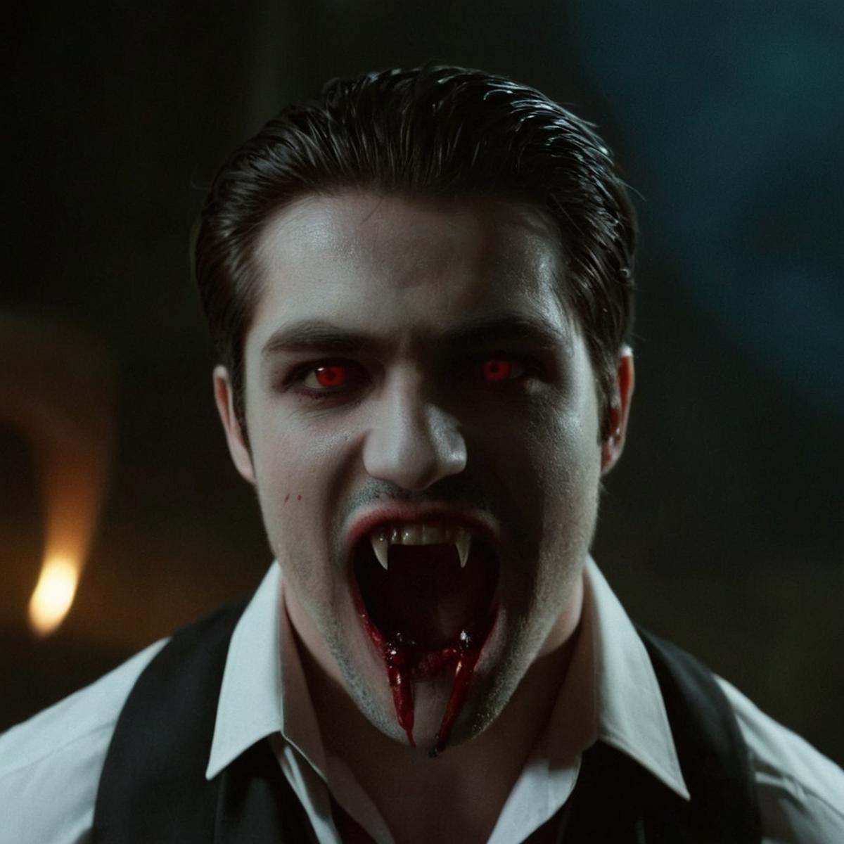 cinematic film still of A gothic looking vampire man with a bloody face and a tie and Vampire Fangs Teeth posing alone in...