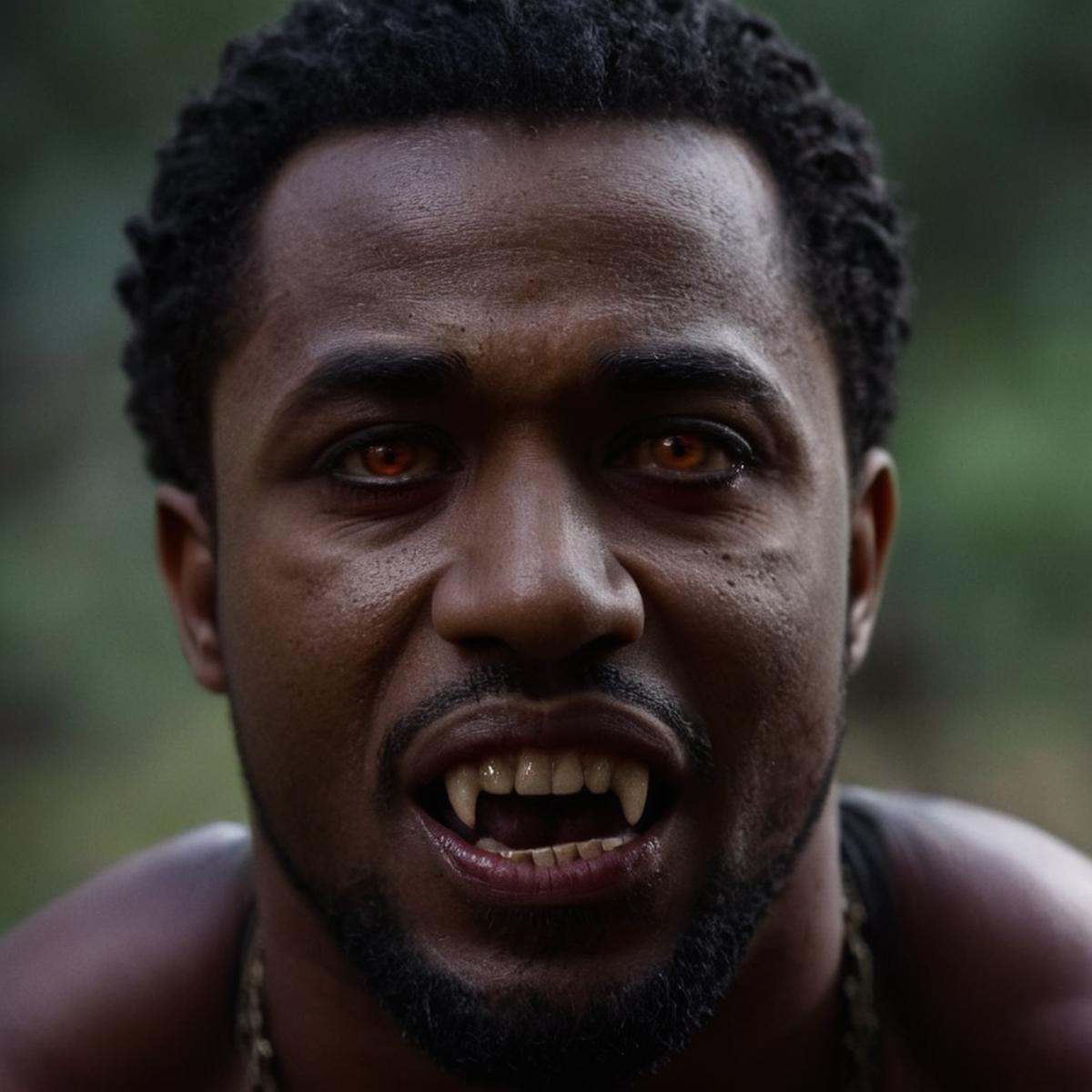 Dark Fantasy Art of cinematic film still of A black man with a demon face Vampire Fangs Teeth staring at camera,  shallow...