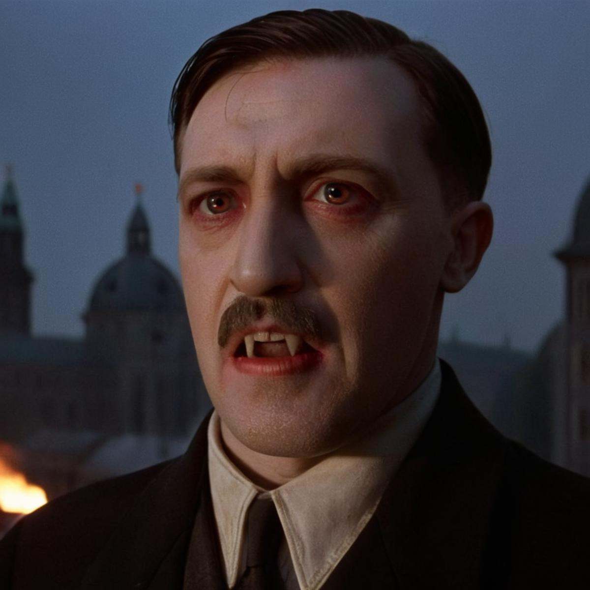 cinematic film still of cinematic film still of Adolf Hitler nosferatu vampire staring at camera in a dark night in burnin...