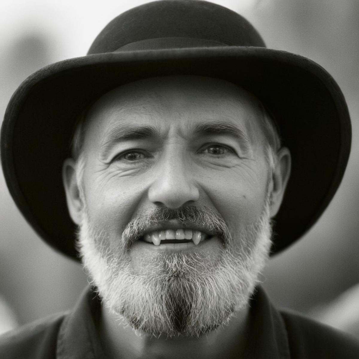 cinematic film still of analog film photo of Closeup of an old man with a white hat and a black shirt and grey beard looki...