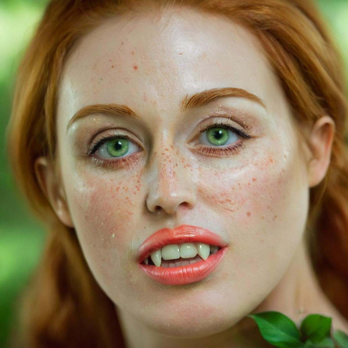 cinematic film still of cinematic film still of Poison Ivy an extreme closeup of a woman with freckles and green eyes and...