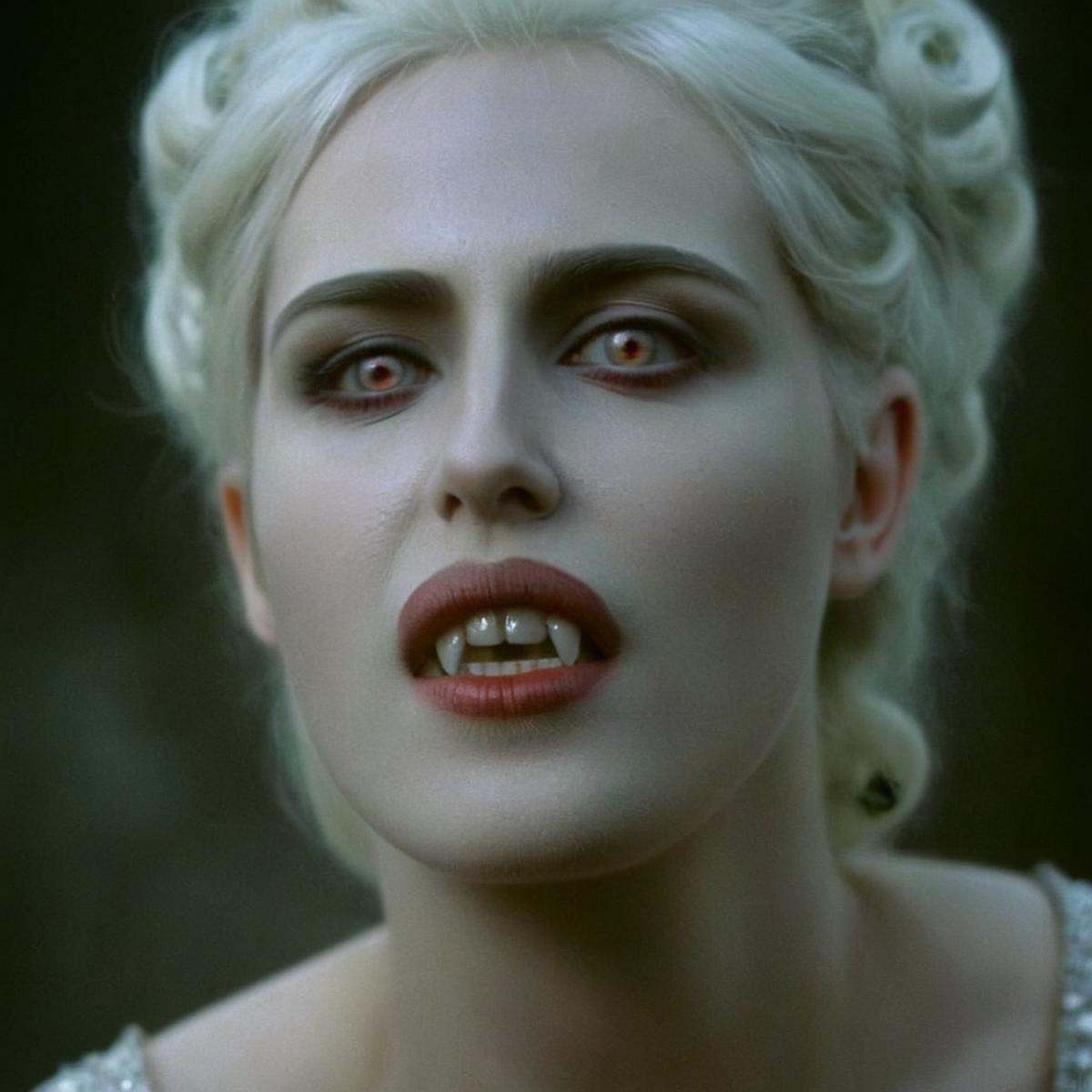 cinematic film still of analog film photo of Female Vampire a pale ice cold skin vampire woman with white hair and a white...