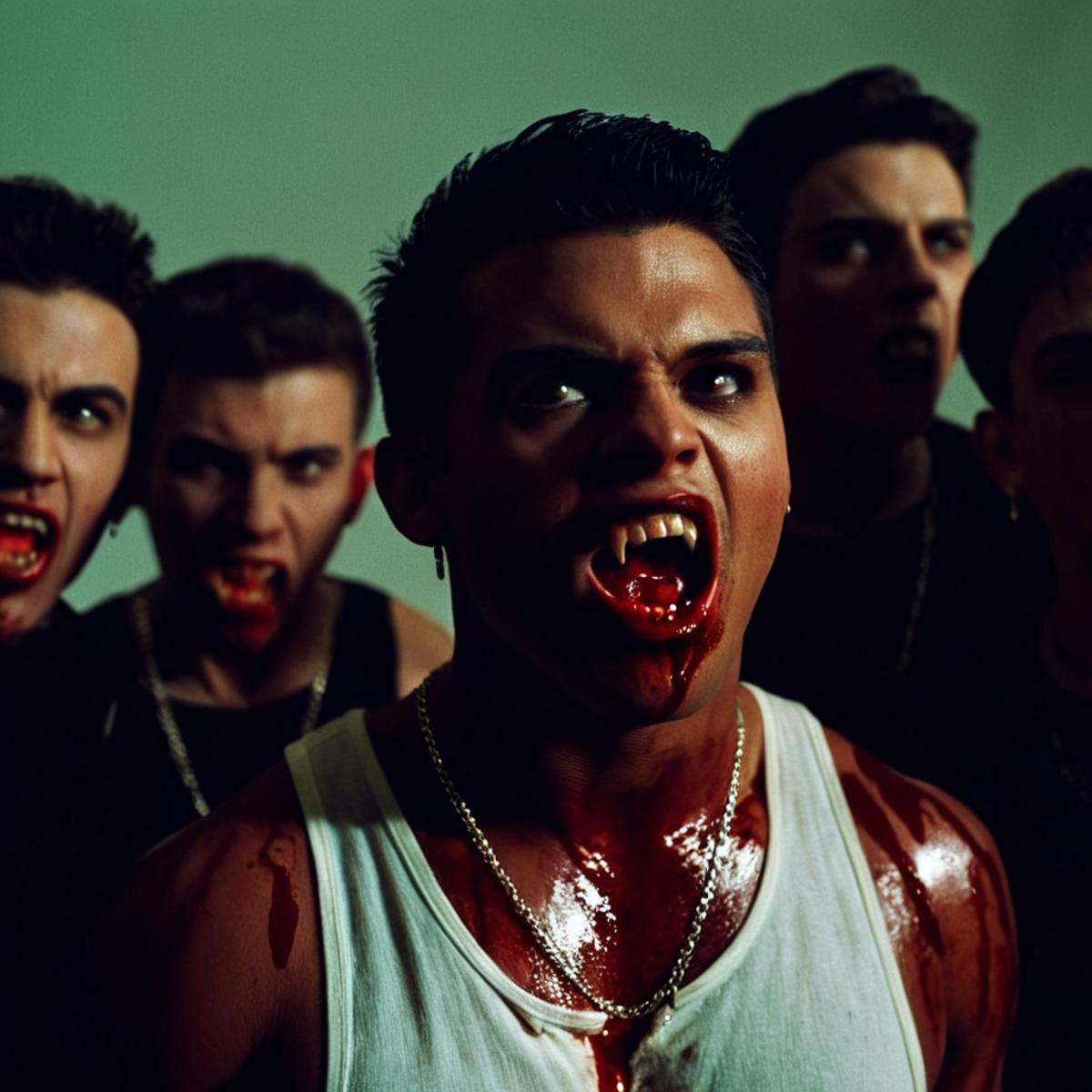 cinematic film still of perfection style vampire fangs teeth a group of people with blood on their faces,  scary,  thrille...