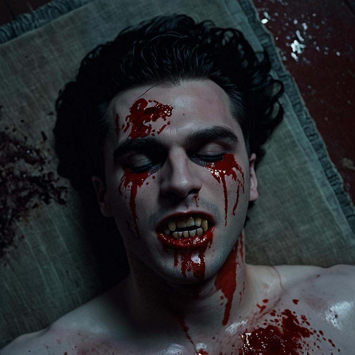cinematic film still of perfection style From abova pale skin man with blood on his face and neck laying on floor,  closed...