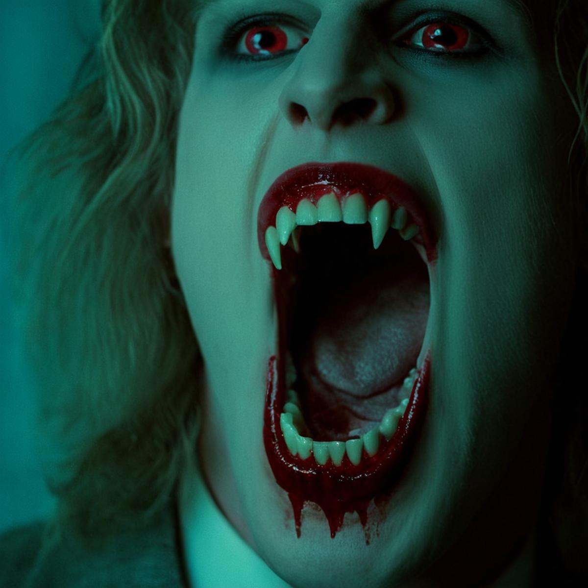 cinematic film still of perfection style Underlighting Underlight light from below stylePerfect vampire fangs teeth a man...