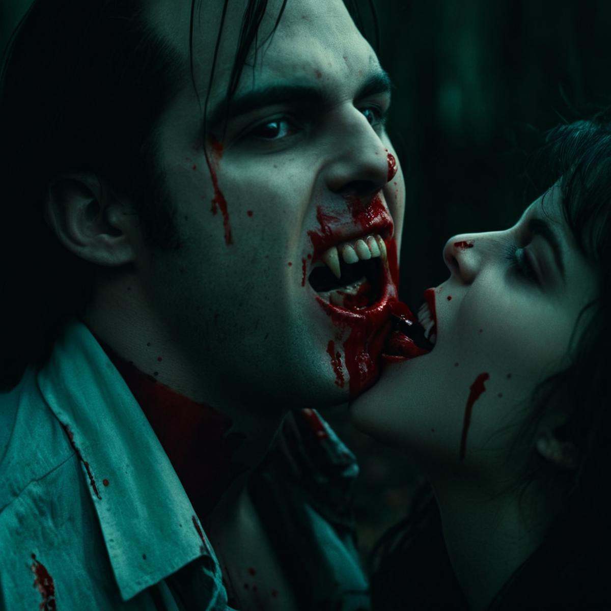 cinematic film still of perfection stylevampire fangs teeth a woman with a bloody face and a man with a knife,  scary,  th...