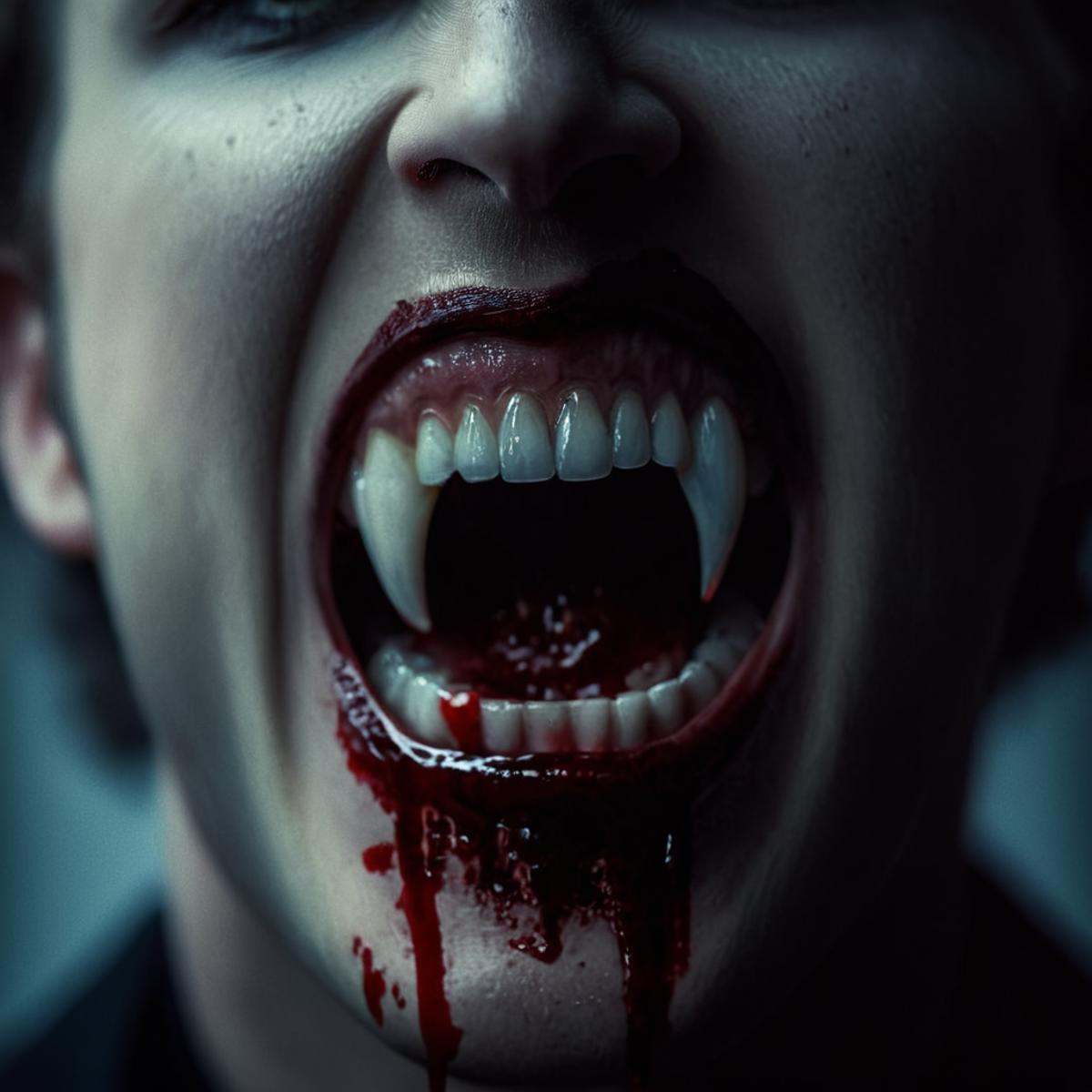 cinematic film still of perfection style vampire fangs sharp teeth with blood dripping down it,  shallow depth of field,...