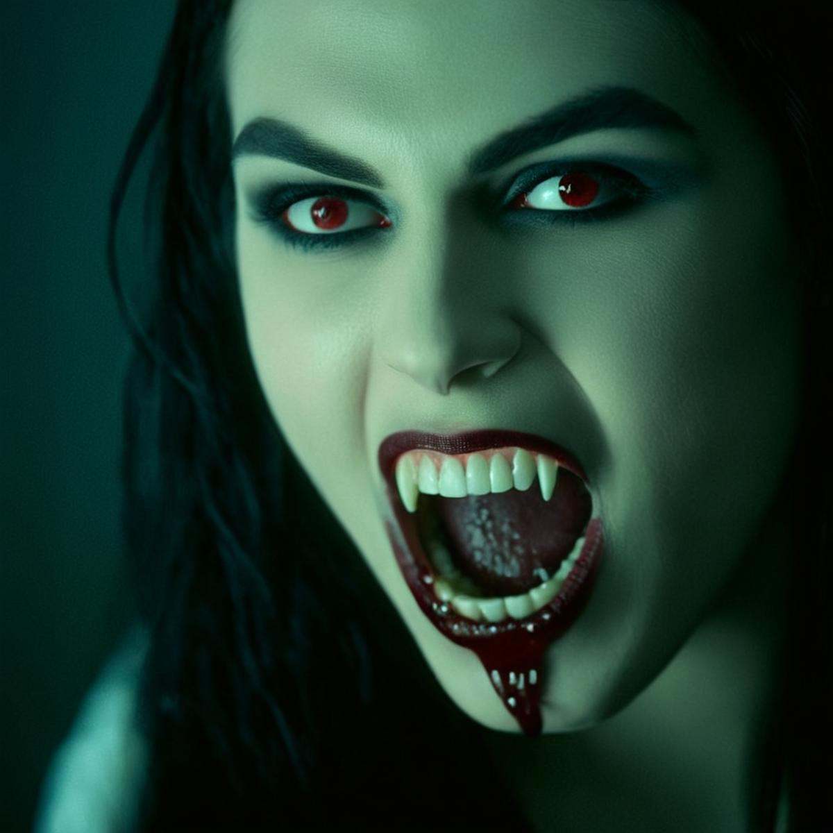 cinematic film still of perfection style vampire fangs teeth a woman with a vampire smile on her face,  scary,  thriller o...