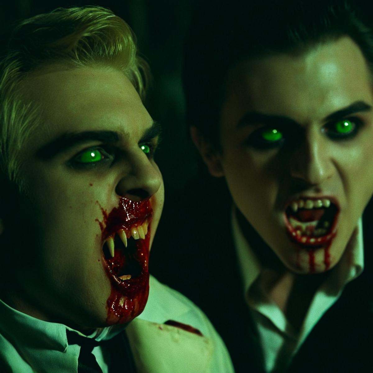 cinematic film still of perfection style vampire teeth a man with a bloody face and a doll,  scary,  thriller on Tensor.Art