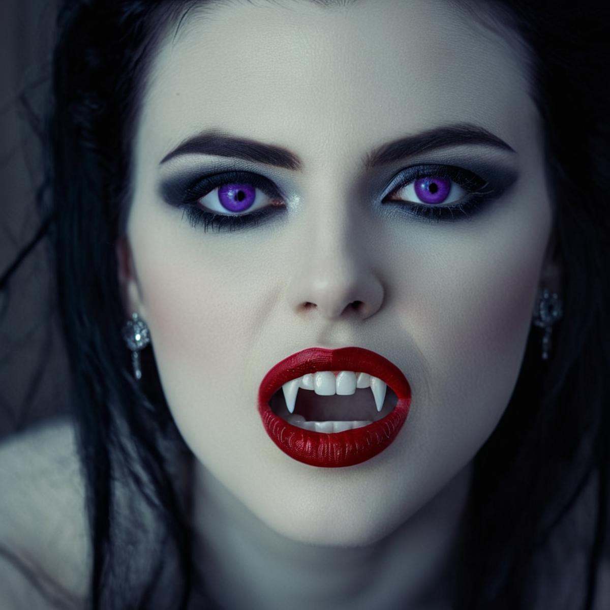 cinematic film still of perfection style vampire fangs teeth a pale skin gothic woman with a vampire makeup and small fang...