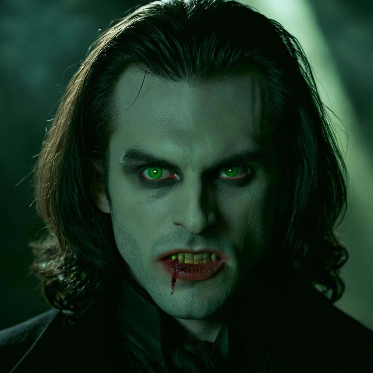 cinematic film still of perfection style vampire pale skin man with long hair and a black coat,  scary,  thriller on Tenso...