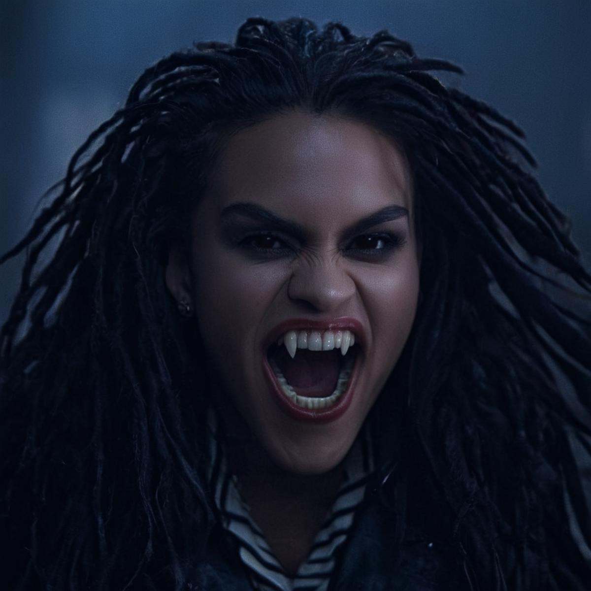 cinematic film still of perfection style vampire fangs teeth a woman with a very big grin on her face,  scary,  thriller o...
