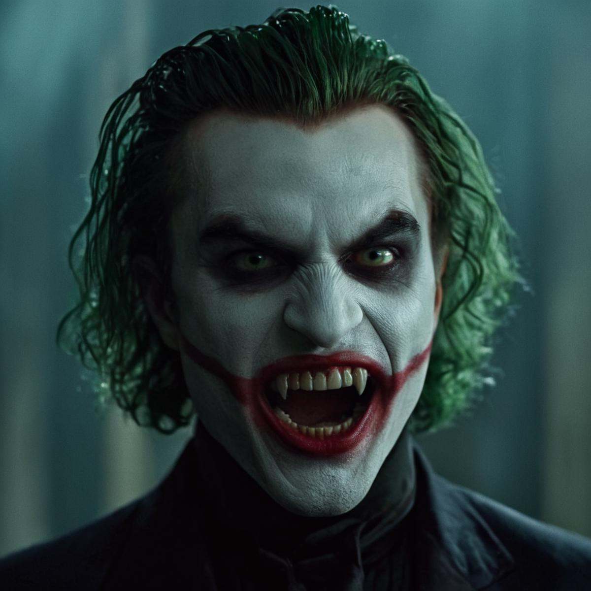 cinematic film still of perfection style vampire fangs teeth a man with joker hair and a joker nose,  scary,  thriller on...