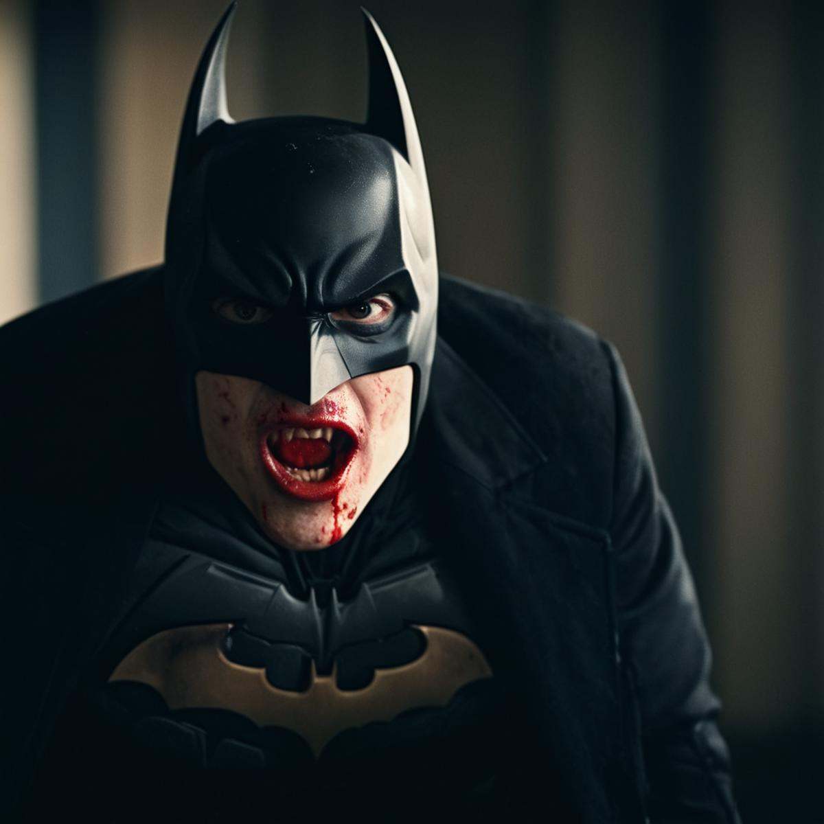 analog film photo of perfection style lora:Batman Vampire:1> Batman Vampire a batman with a black coat and bloody mouth,...