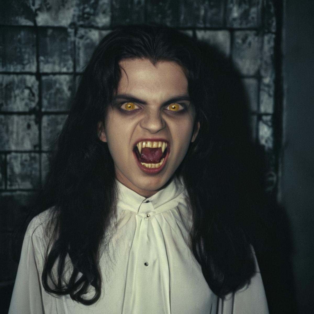 analog film photo of perfection style vampire bifangs teeth a woman in a white dress standing in a dark room,  scary,  thr...