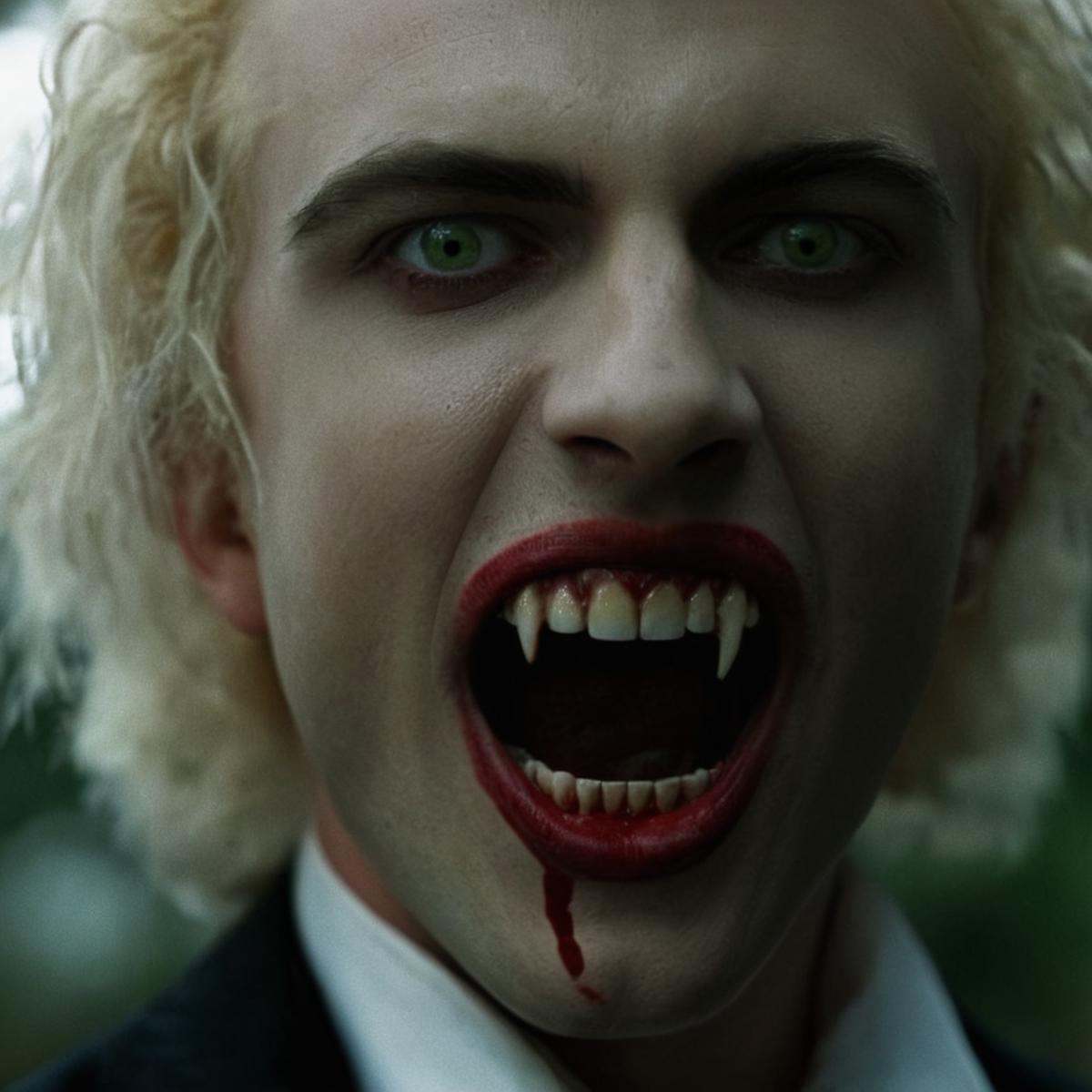 cinematic film still of perfection style vampire teeth a man with a bloody face and a doll,  scary,  thriller on Tensor.Art
