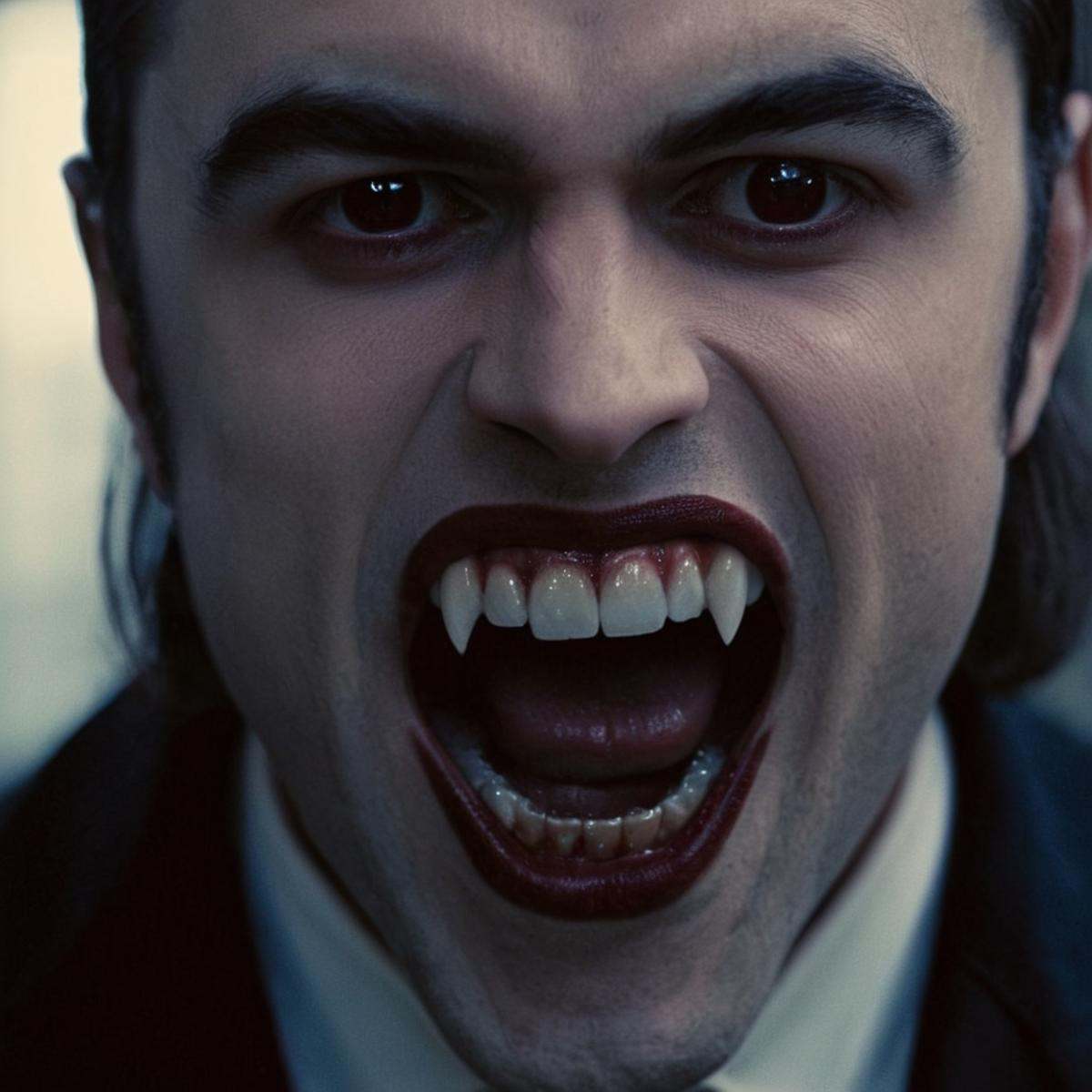 cinematic film still of perfection style Perfect vampire fangs teeth a man with a tooth that has been cut open,  scary,  t...