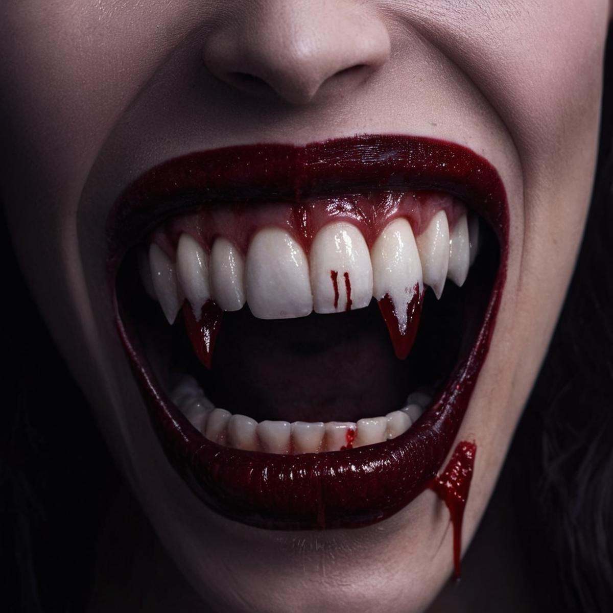 cinematic film still of perfection style vampire fangs teeth a perfect detailed vampire teeth with blood dripping down it,...
