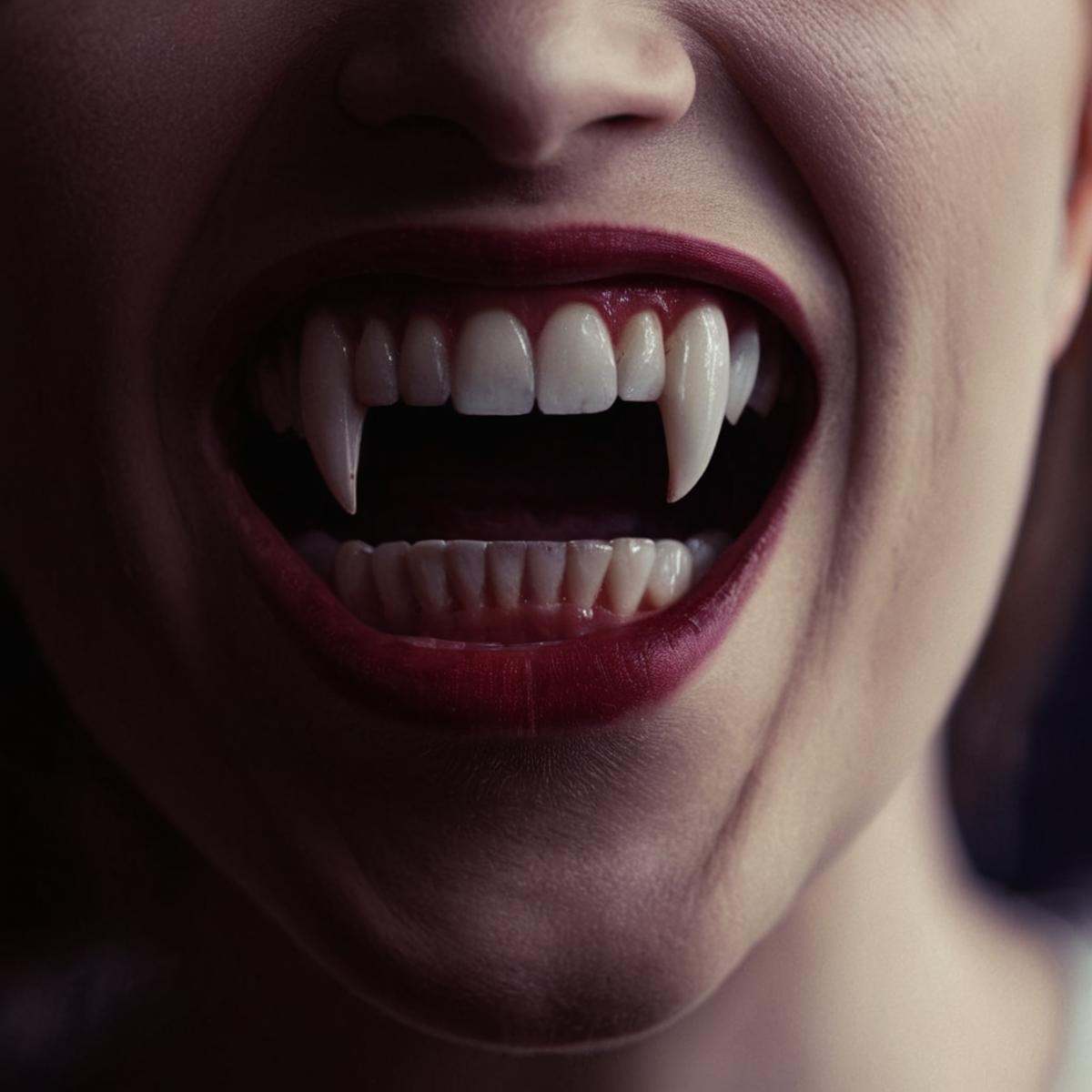 cinematic film still of perfection style vampire fangs teeth a close up of a person with a tooth missing,  scary,  thrille...