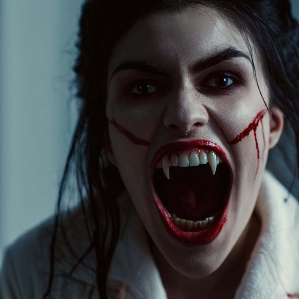 cinematic film still of perfection style vampire fangs teeth a woman with blood on her face and a white robe,  scary,  thr...