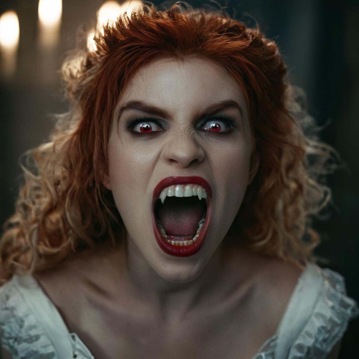cinematic film still of perfection style vampire fangs biteeth a woman with red hair and a white dress,  scary,  thriller...