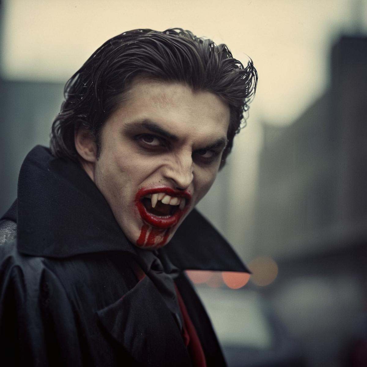analog film photo of perfection style lora:Batman Vampire:1> Batman Vampire a batman with a black coat and bloody mouth an...