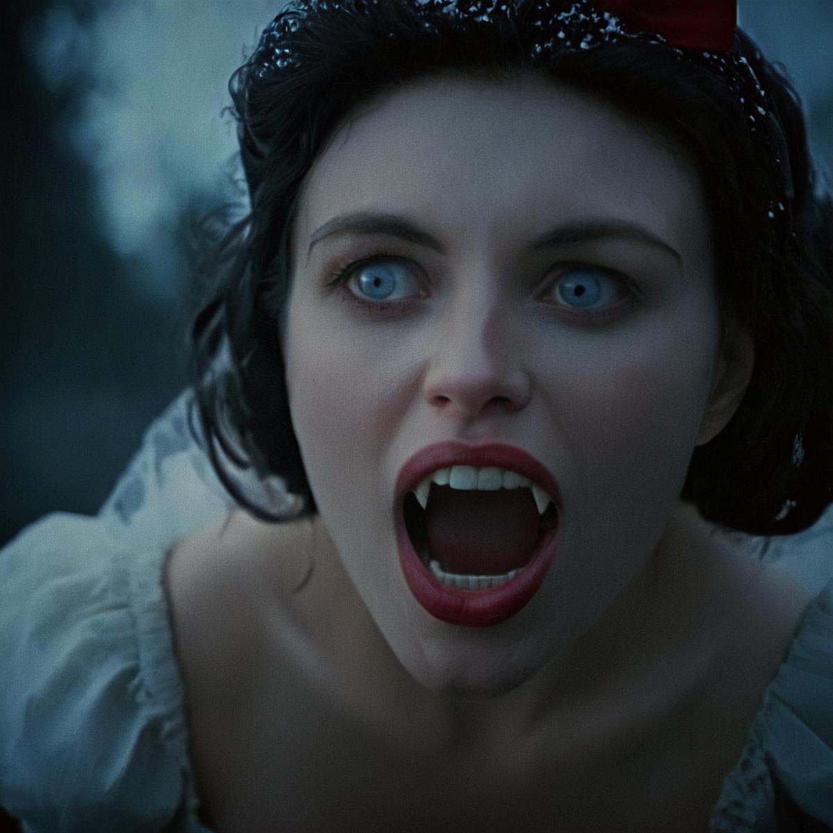 analog film photo of perfection style Snow White a closeup horny woman with a vampire teeth and a surprised look on her fa...
