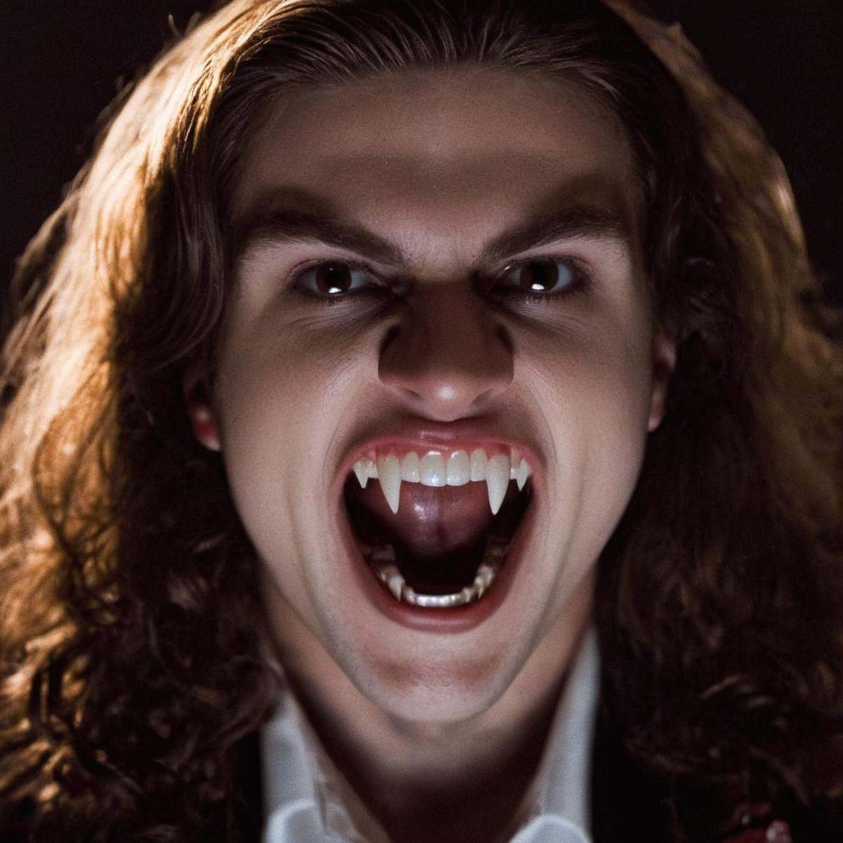 cinematic film still of perfection style vampire fangs teeth a woman with a very big grin on her face,  scary,  thriller o...