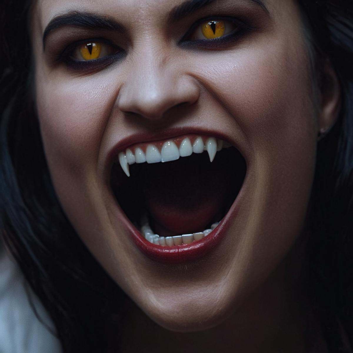 cinematic film still of perfection style thin vampire fangs teeth a woman with her mouth open and a toothy grin on her fac...