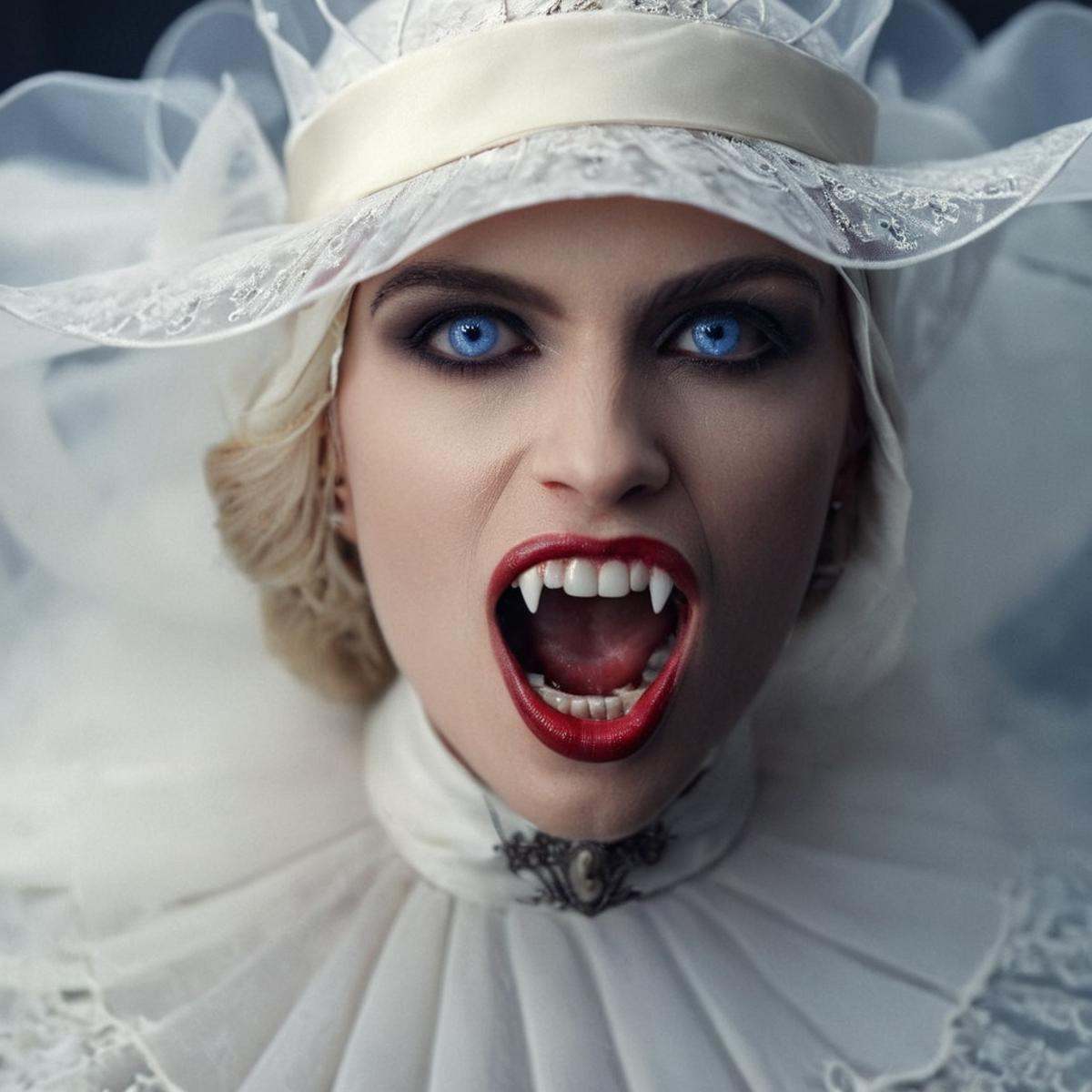 cinematic film still of perfection style vampire fangs teeth a woman with a white dress and a white hat,  scary,  thriller...