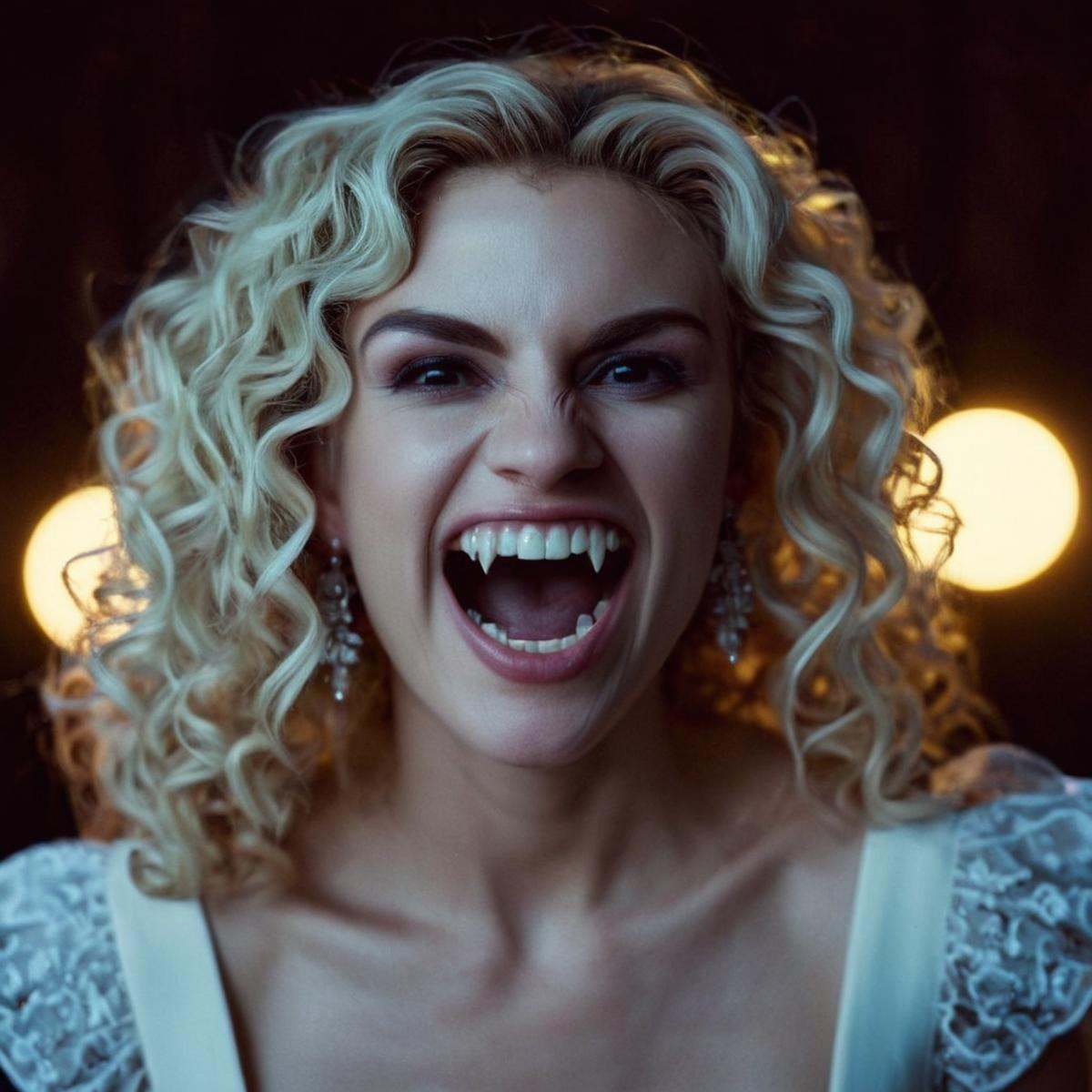 cinematic film still of perfection style a creepy laughing woman with a big smile on her face,  scary,  thriller on Tensor...