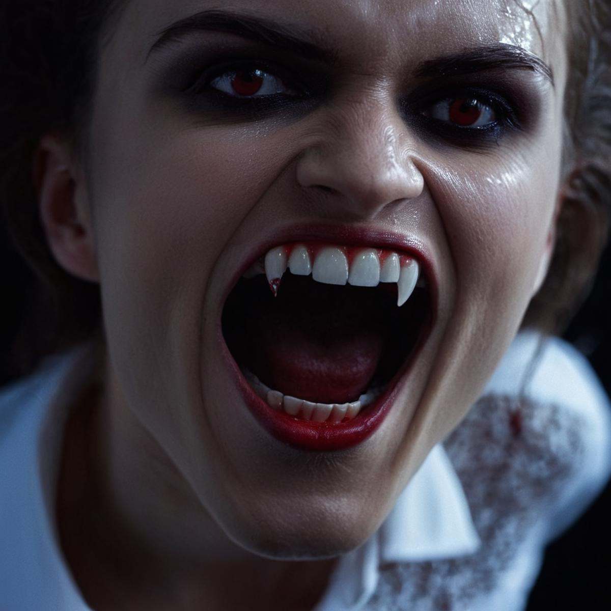 cinematic film still of perfection style vampire fangs teeth a woman with a bloody face and a white shirt,  scary,  thrill...