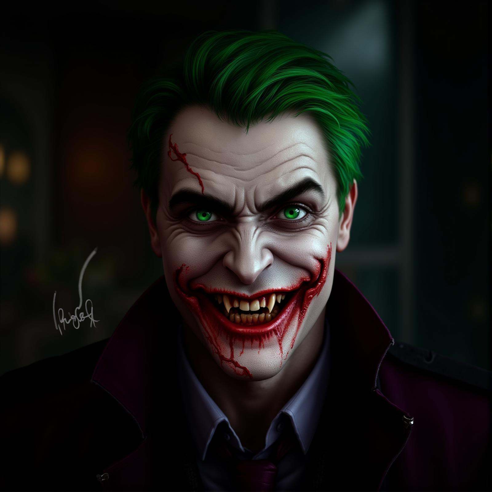 vampire fangs teeth a vampire man with green hair and a joker costume and vampire fangs teeth,  scary,  thriller on Tensor...