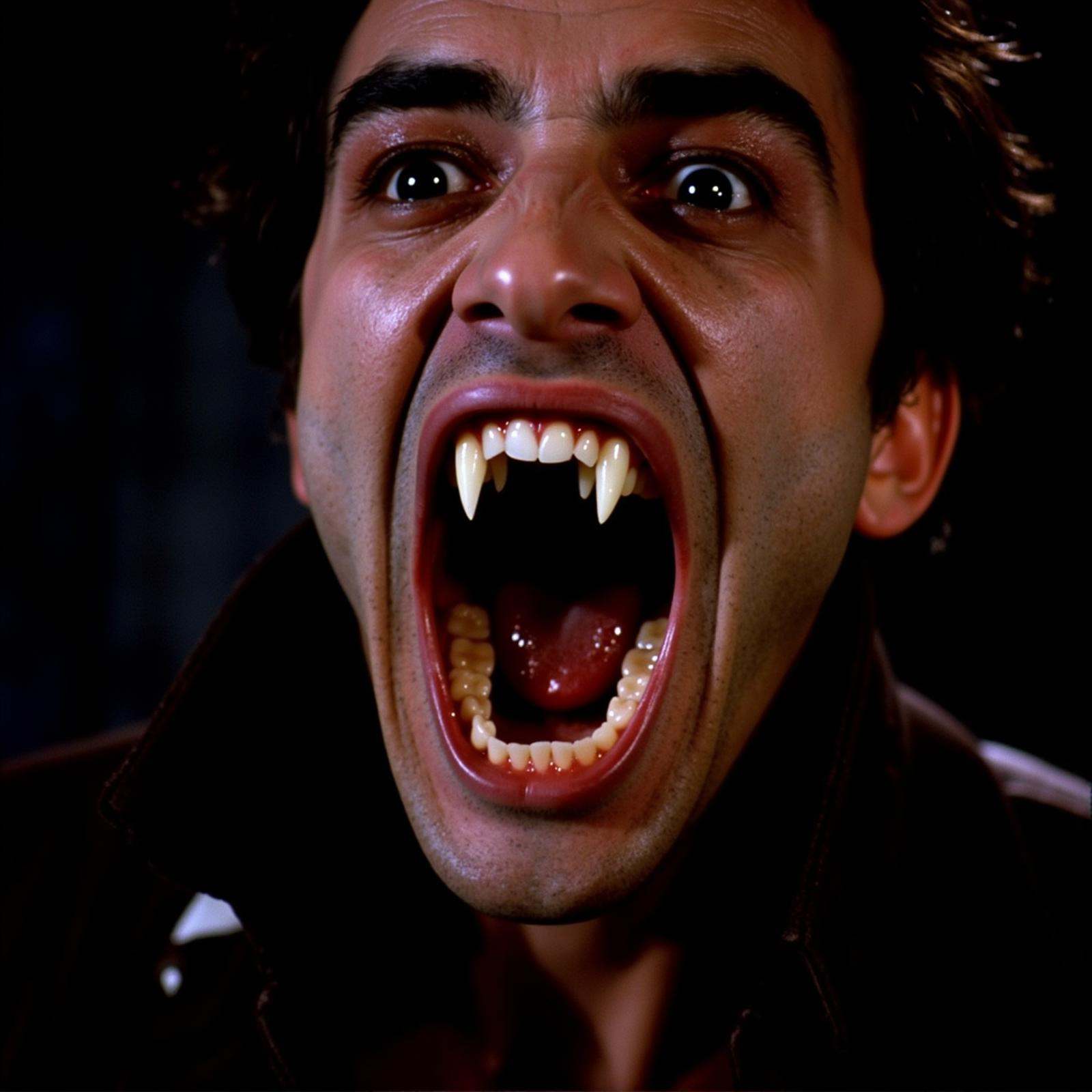 cinematic film still vampire fangs teeth a closeup of a vampire man with a sharp vampire vampire fangs teeth that has been...