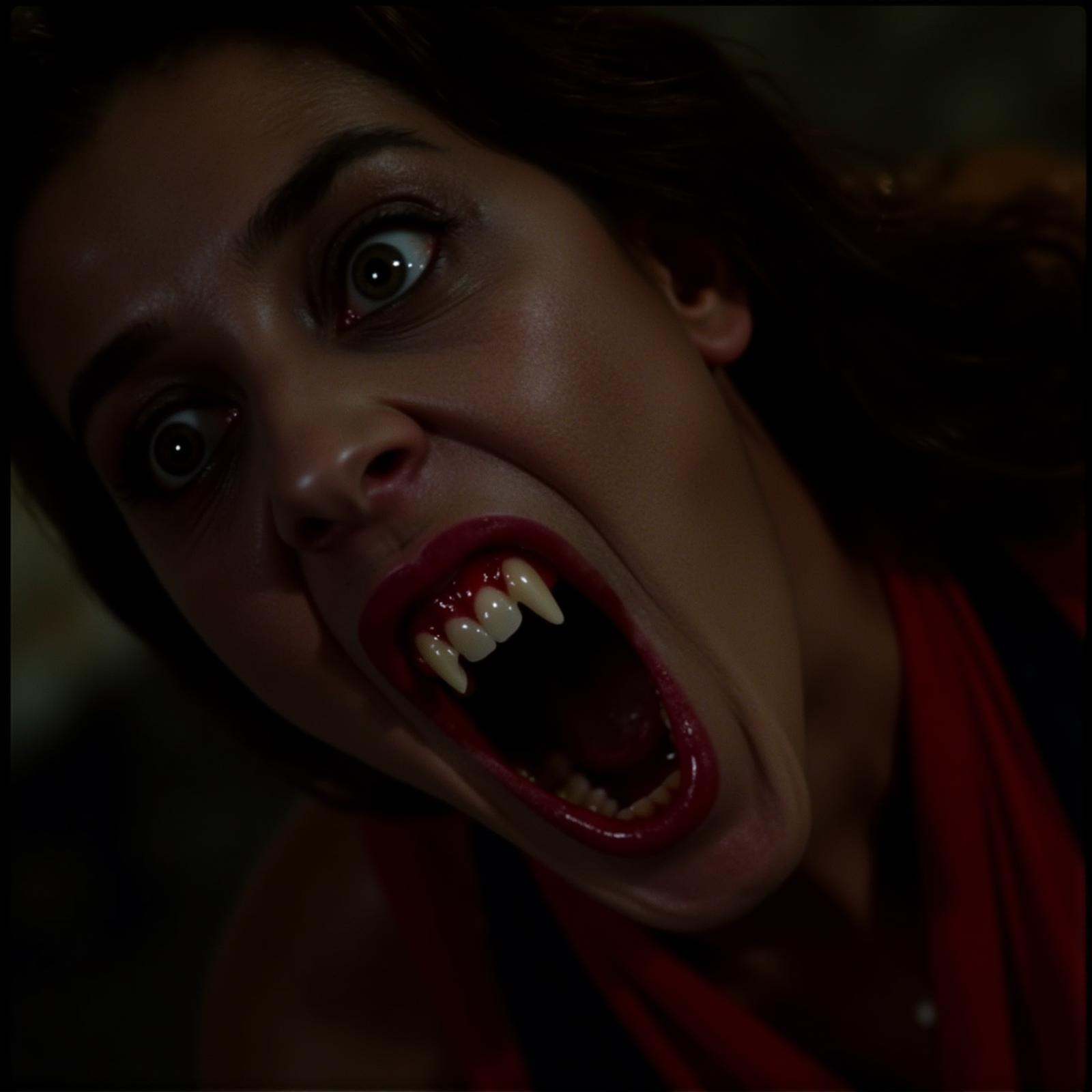 cinematic film still Porifle view of a vampire fangs teeth a vampire woman with blood on her vampire fangs teeth mouth is...