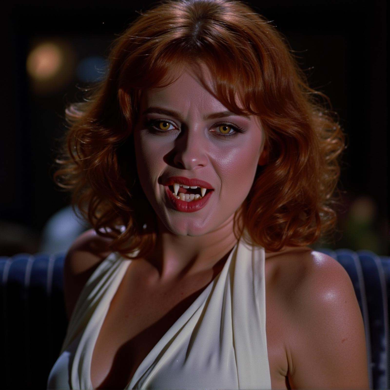 cinematic film still vampire fangs teeth a vampire woman with red hair and a white dress and vampire fangs teet,  scary,...