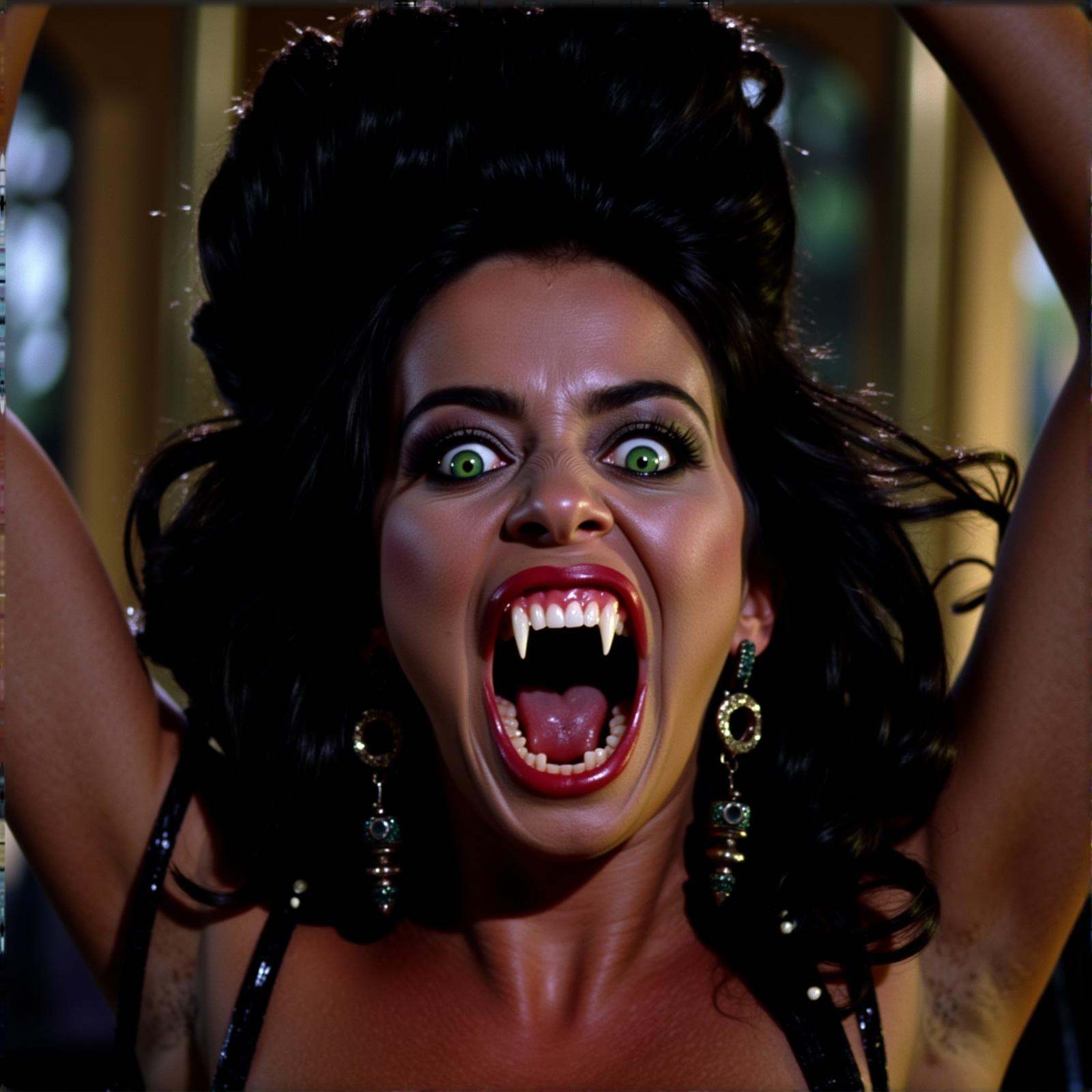 cinematic film still thin vampire fangs teeth a scary vampire woman with a green vampire eyes and vampire fangs teeth open...