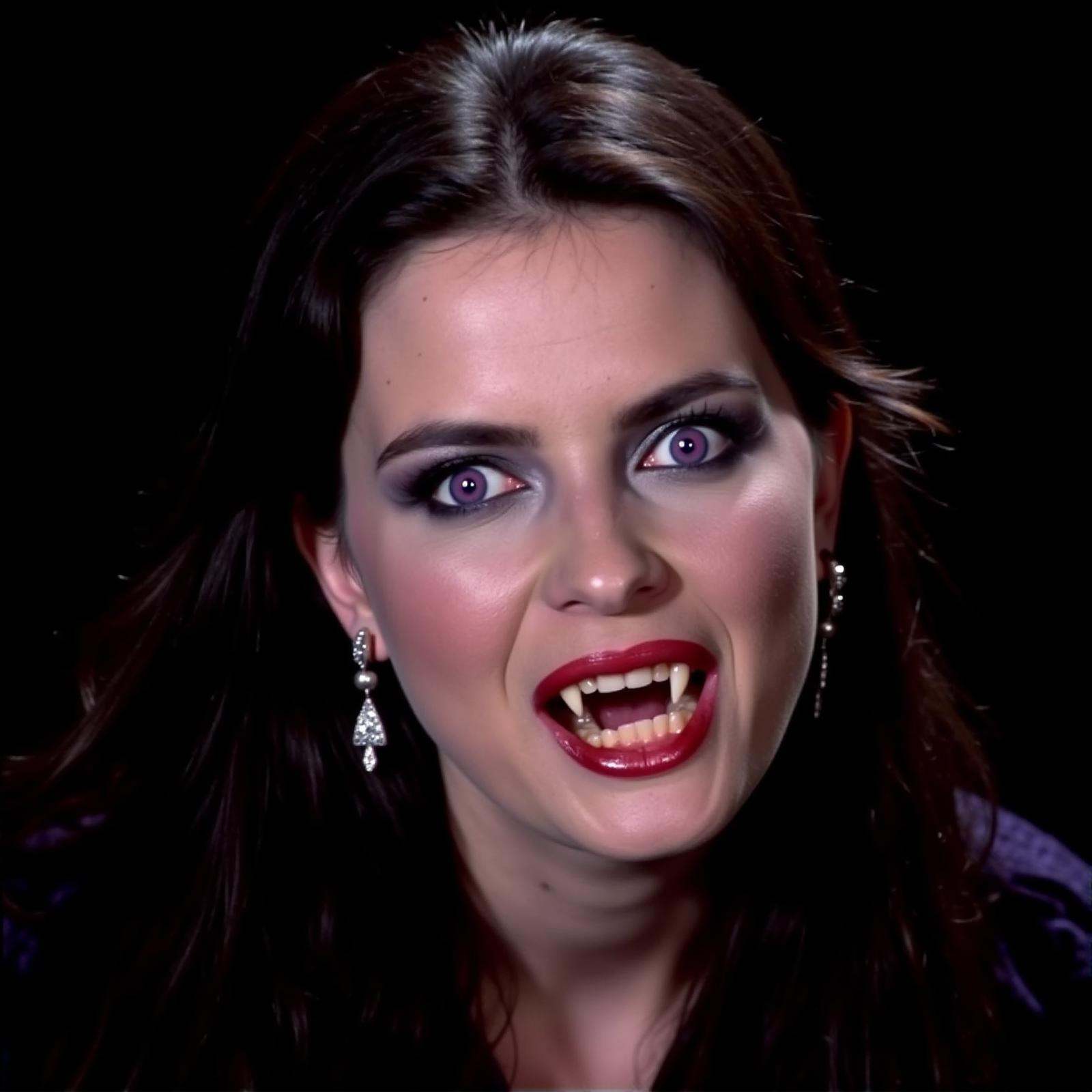 vampire fangs teeth a gothic gypsy woman with a weird look on her face and vampire fangs teeth,  looking at viewers,  clos...